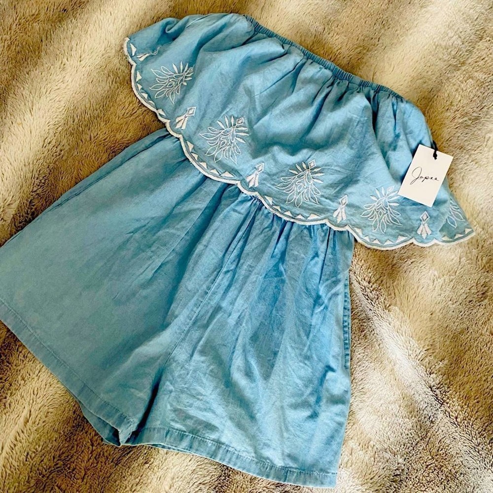 Japna Blue Boho Embroidered Strapless Romper NWT Small